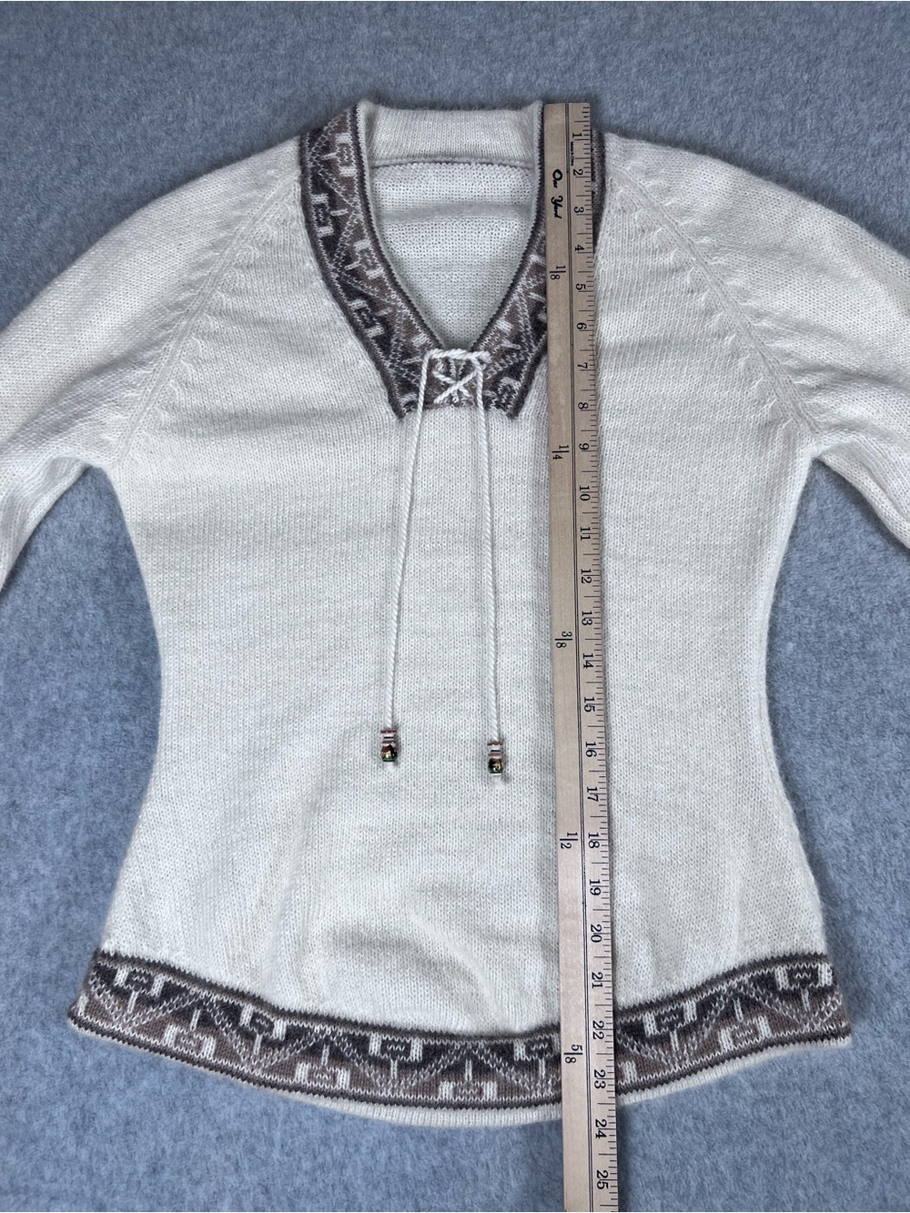 Peruvian Alpaca Knit Sweater Women's Ivory Cream with Geometric Patterned Trim - Picture 10 of 14